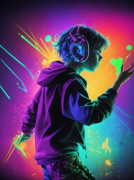 un ragazzo che balla sullo sfondo al neon della festa del dj
