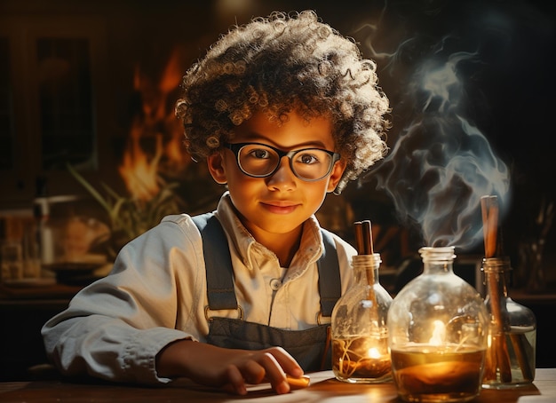 Un ragazzo che fa esperimenti in laboratorio Esplosione in laboratorio Scienza ed educazione