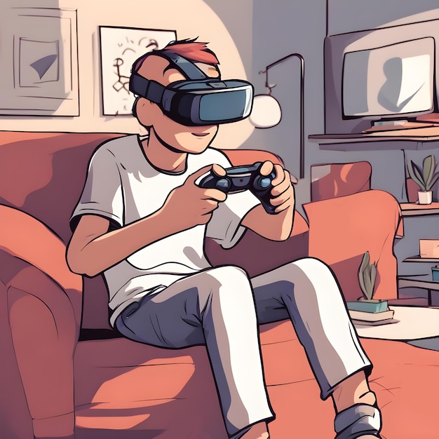 Un ragazzo che gioca a un gioco VR nella sua stanza VR concept Future of gaming