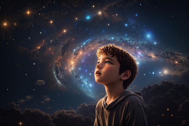 Un ragazzo che guarda l'universo dalla terra in modo generativo