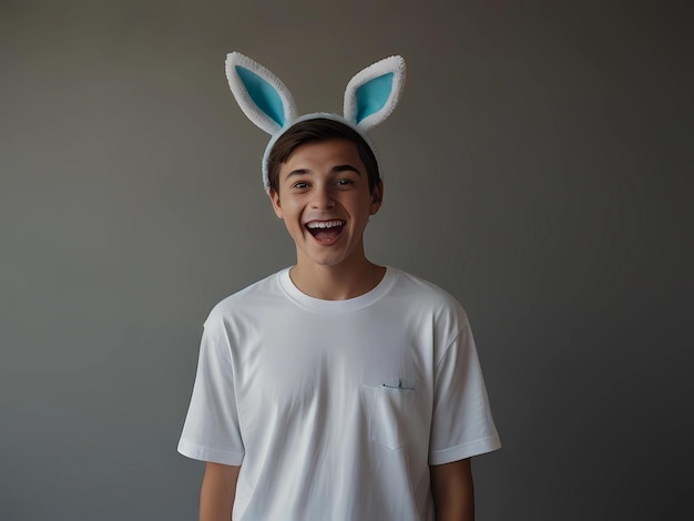 un ragazzo che indossa orecchie di coniglio e un cappello di coniglio