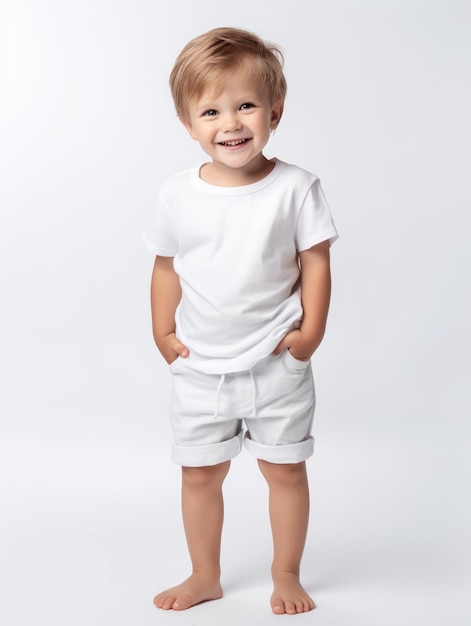 Un ragazzo che indossa pantaloncini bianchi e una camicia bianca si trova davanti a uno sfondo bianco