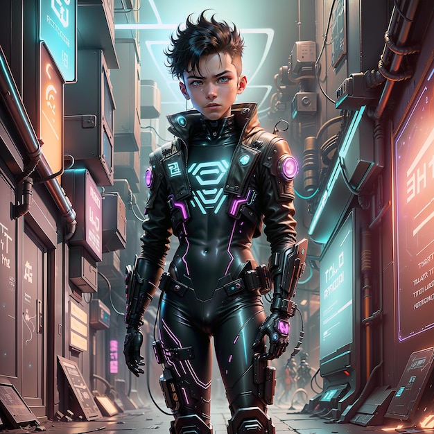 un ragazzo che indossa un abito cibernetico in un ambiente cyberpunk