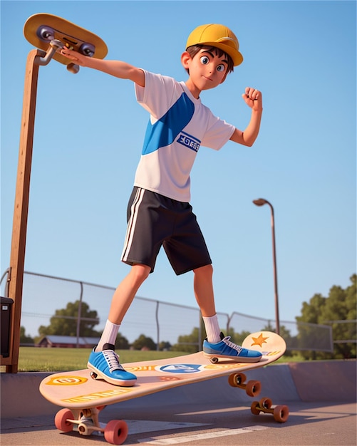 un ragazzo che indossa un cappello che dice che sta guidando uno skateboard