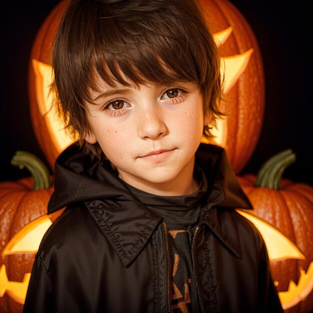 un ragazzo che indossa un cappuccio nero con una zucca sopra.