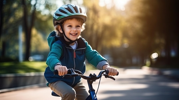 Un ragazzo che indossa un casco sta andando in bicicletta e si gode un giro in bicicletta dimostrando il suo impegno per la sicurezza