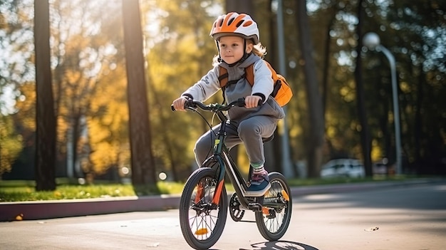 Un ragazzo che indossa un casco sta andando in bicicletta e si gode un giro in bicicletta dimostrando il suo impegno per la sicurezza