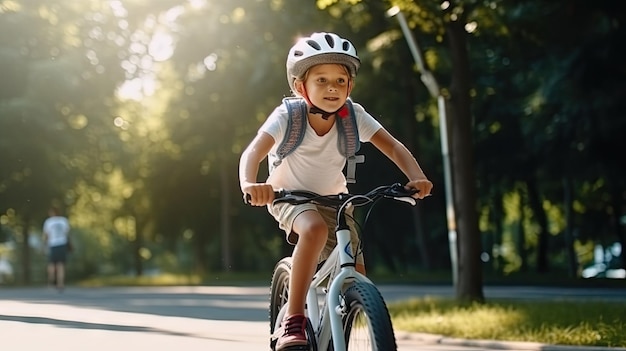 Un ragazzo che indossa un copricapo protettivo si gode un giro in bicicletta
