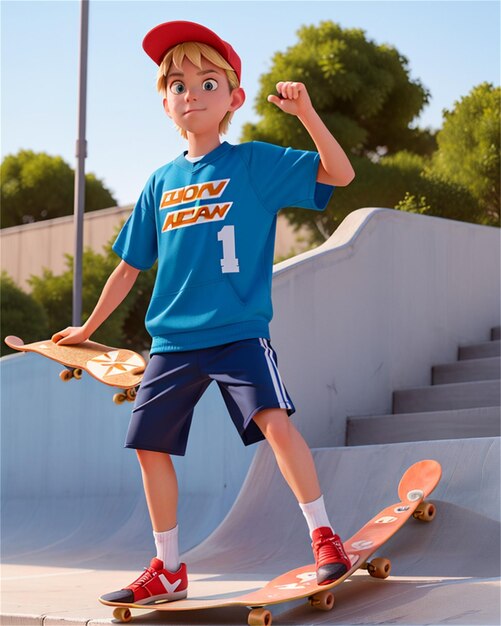 un ragazzo che indossa una camicia blu che dice che il mare è su uno skateboard.