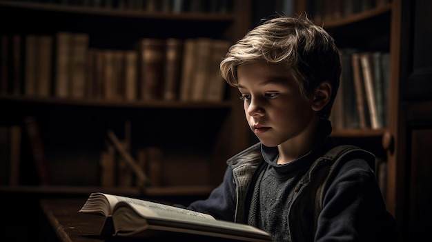 Un ragazzo che legge un libro in una biblioteca