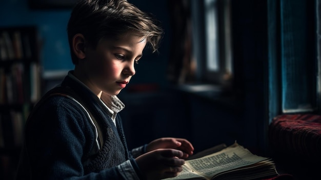 Un ragazzo che legge un libro in una stanza buia