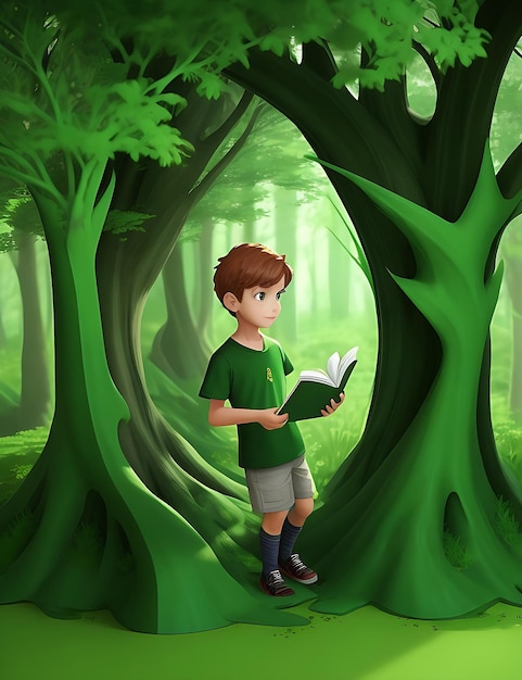 Un ragazzo che legge un libro nella foresta