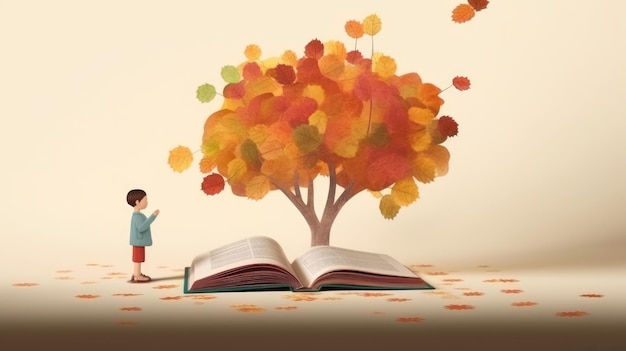 Un ragazzo che legge un libro sotto un albero autunnale in un'illustrazione 2D L'opera d'arte rappresenta i concetti di educazione immaginazione ispirazione creatività e natura con foglie che circondano la scena