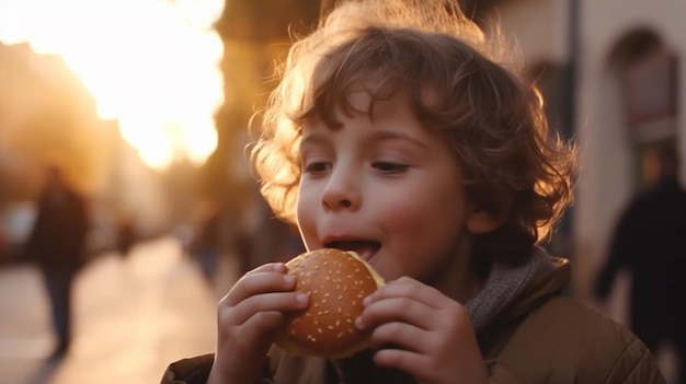 Un ragazzo che mangia un hamburger in una strada