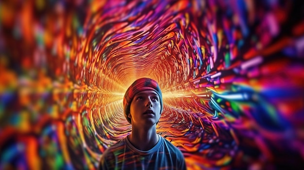 Un ragazzo che osserva un tunnel colorato Generative AI Art