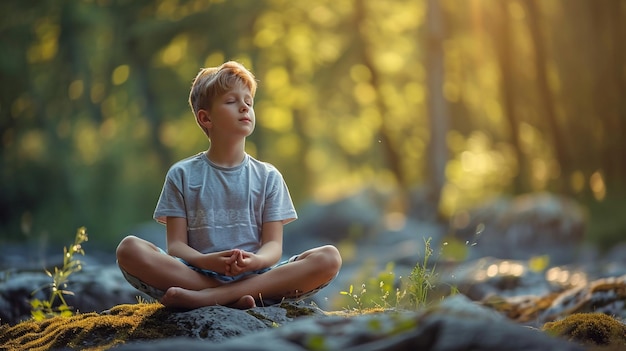 Un ragazzo che pratica la consapevolezza e la meditazione in una foresta serena