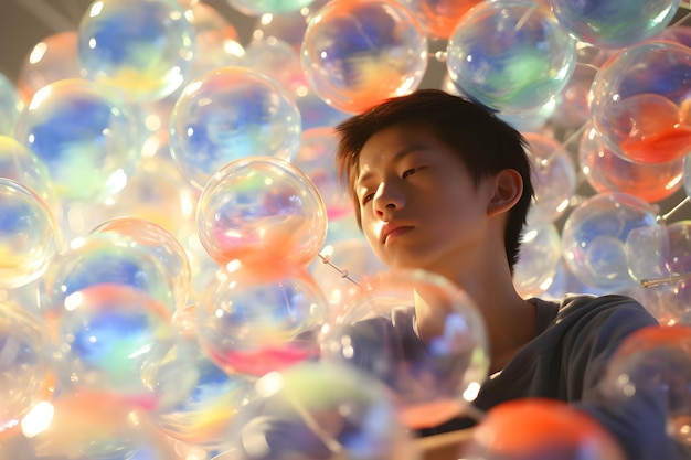 Un ragazzo cinese guarda le stelle dalla sua palla di vetro nello spazio