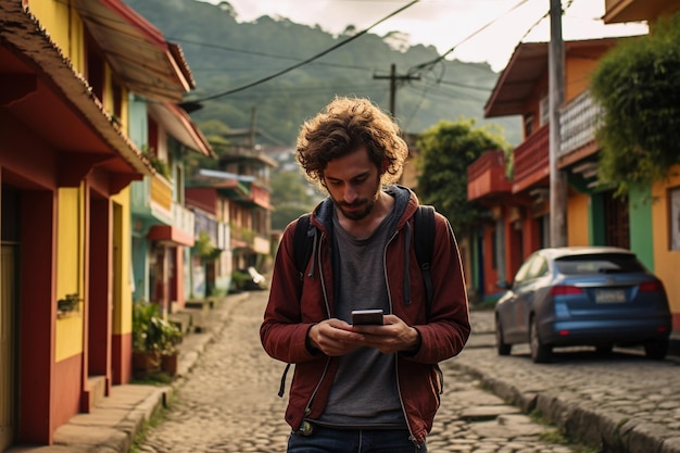 Un ragazzo colombiano usa uno smartphone per le strade della Colombia Generato dall'intelligenza artificiale