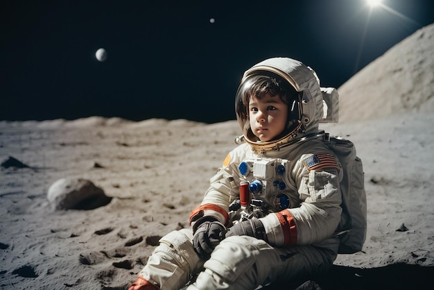 Un ragazzo come un astronauta seduto sulla luna