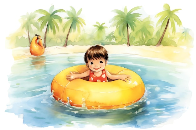 Un ragazzo con floaty che gioca sull'illustrazione dell'acquerello della spiaggia