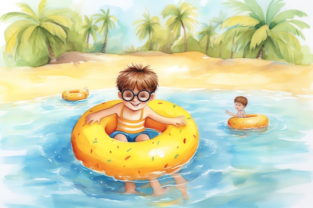 Un ragazzo con floaty che gioca sull'illustrazione dell'acquerello della spiaggia