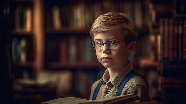 Un ragazzo con gli occhiali che legge un libro in una biblioteca