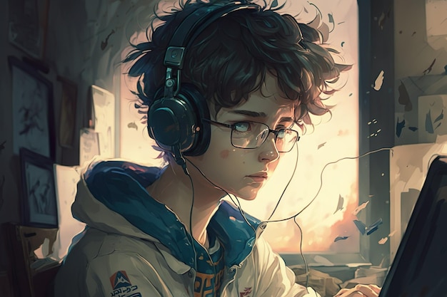 Un ragazzo con gli occhiali e le cuffie guarda uno schermo di computer