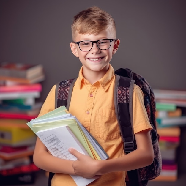 Un ragazzo con gli occhiali e uno zaino tiene una pila di libri