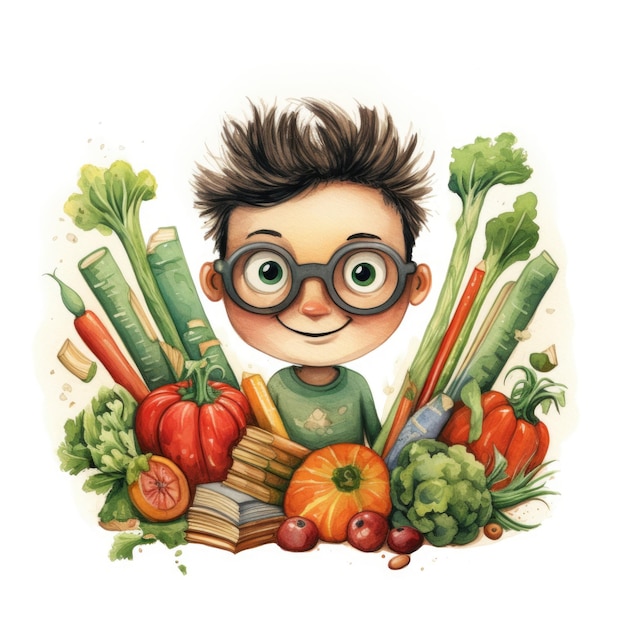 Un ragazzo con gli occhiali in possesso di un mazzo di verdure Immagine digitale