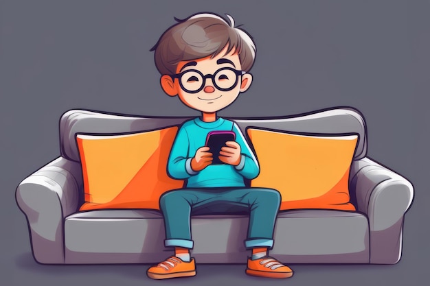Un ragazzo con gli occhiali si siede su un divano grigio e guarda un telefono