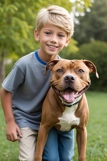 un ragazzo con i capelli biondi e gli occhi grigi in piedi con il suo cane pit bull che sembra malizioso