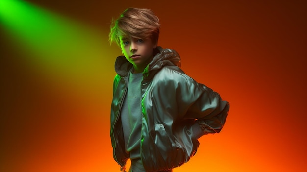 Un ragazzo con i capelli biondi si trova davanti a una luce verde al neon.