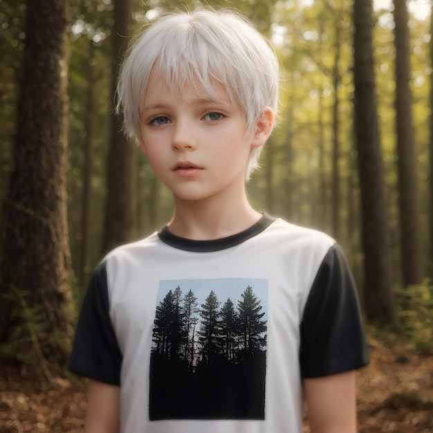 un ragazzo con i capelli biondi si trova in una foresta con degli alberi sullo sfondo.