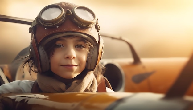 Un ragazzo con il casco da pilota siede su un aereo d'epoca