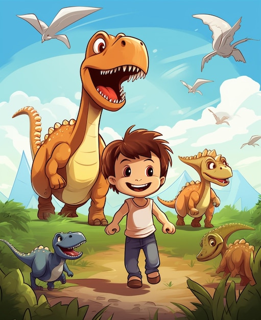 Un ragazzo con la copertina di un cartone animato di dinosauro