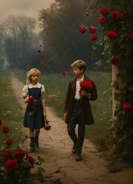 Un ragazzo con un bouquet di rose secco un cuore spezzato e una ragazza che se ne va in vecchio stile cupo