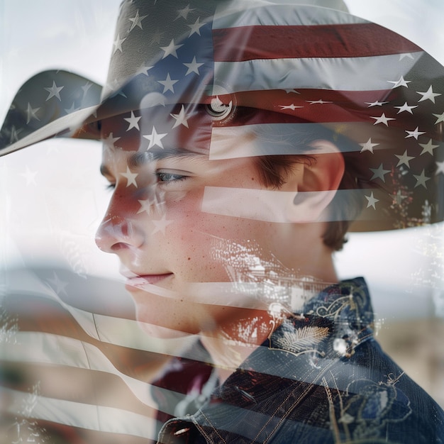 un ragazzo con un cappello da cowboy e una bandiera che dice "La bandiera americana"