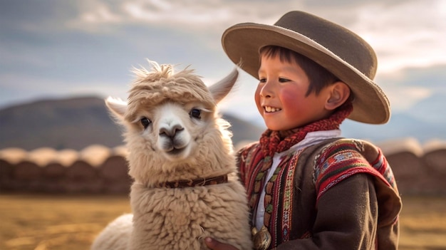 Un ragazzo con un cappello da cowboy tiene in mano un alpaca