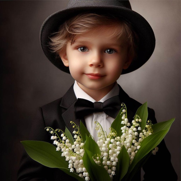 Un ragazzo con un cappello e un vestito che dà fiori a sua madre