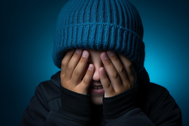 un ragazzo con un cappello lavorato a maglia blu ride su sfondo blu