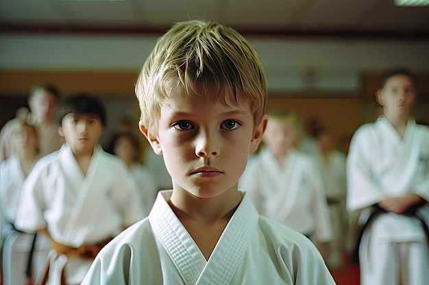 Un ragazzo con un kimono bianco si trova di fronte ad altri bambini.