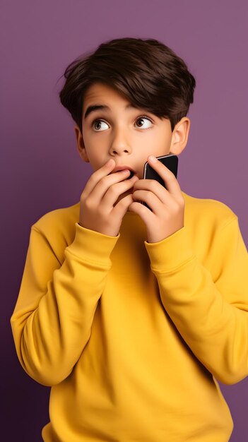 Un ragazzo con un maglione giallo e un telefono in bocca