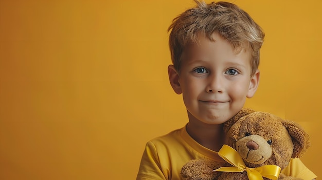 Un ragazzo con un peluche giallo su uno sfondo giallo con lo spazio un ritratto in studio AI generativa