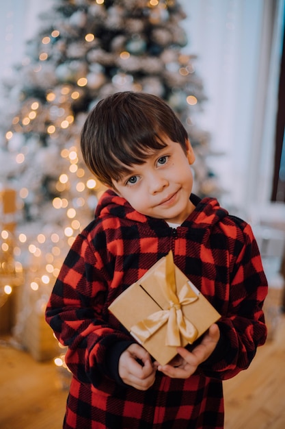 Un ragazzo con un regalo di Capodanno sotto lo stile di vita dell'albero. Capodanno e Natale. Decorazione festiva.