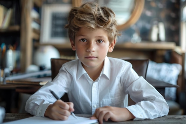 un ragazzo con una camicia bianca si siede a una scrivania e scrive in un quaderno.