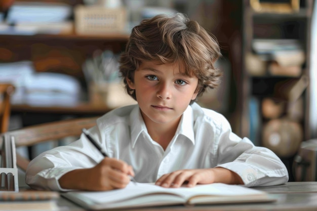 un ragazzo con una camicia bianca si siede a una scrivania scolastica e scrive in un quaderno l'istruzione scolastica