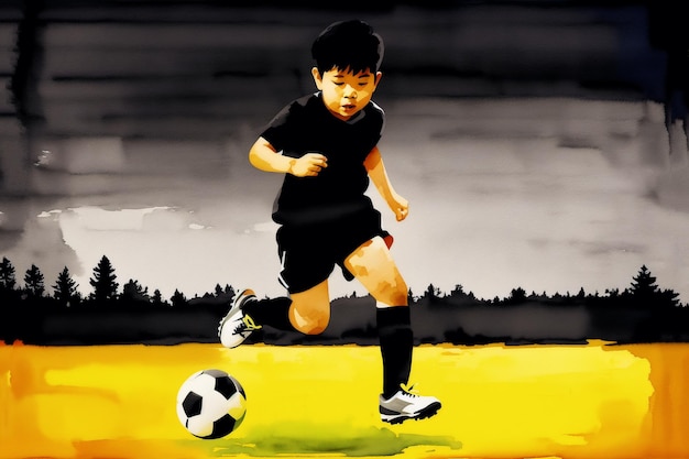Un ragazzo con una camicia nera sta calciando un pallone da calcio.