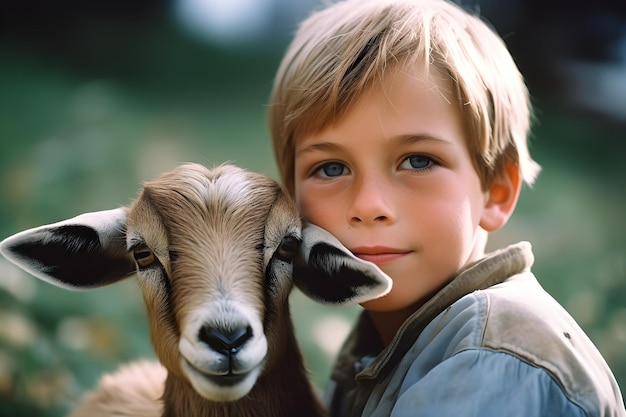 Un ragazzo con una capra sulla spalla