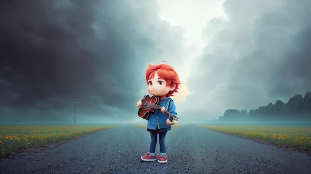 Un ragazzo con una chitarra si trova su una strada.