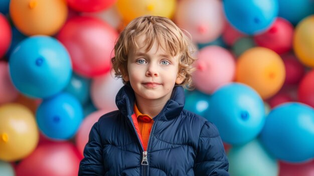 Un ragazzo con una giacca blu navy sullo sfondo di palloncini colorati